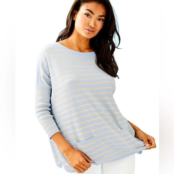 NWT Lilly Pulitzer Large Blue Gold Metallic Cobo Sweater Coastal Shell Stripe - Picture 1 of 8